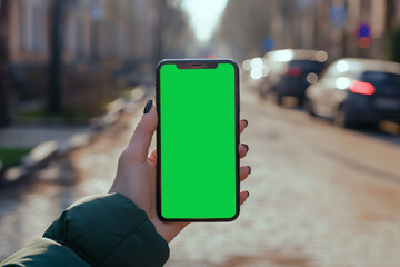 Girl on the street holding a smartphone with Green screen, Woman using Smartphone with Chroma Key Screen , Closeup , blurred background