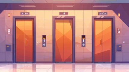 Illustration of cartoon lift doors, elevators with doors closed, slightly ajar and open, lobby interior with passengers or cargo cabins, a button panel, and a floor indicator.