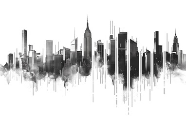 Bar Graph Merging with Urban City Skyline Silhouette, White Background - business analysis, city growth, market analysis, investment opportunities. - obrazy, fototapety, plakaty