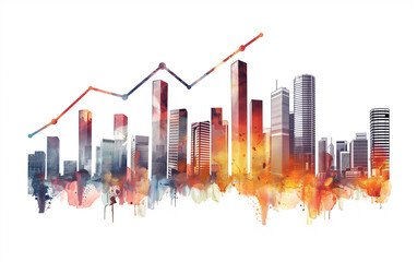 Bar Graph Merging with Urban City Skyline Silhouette, White Background - business analysis, city growth, market analysis, investment opportunities.