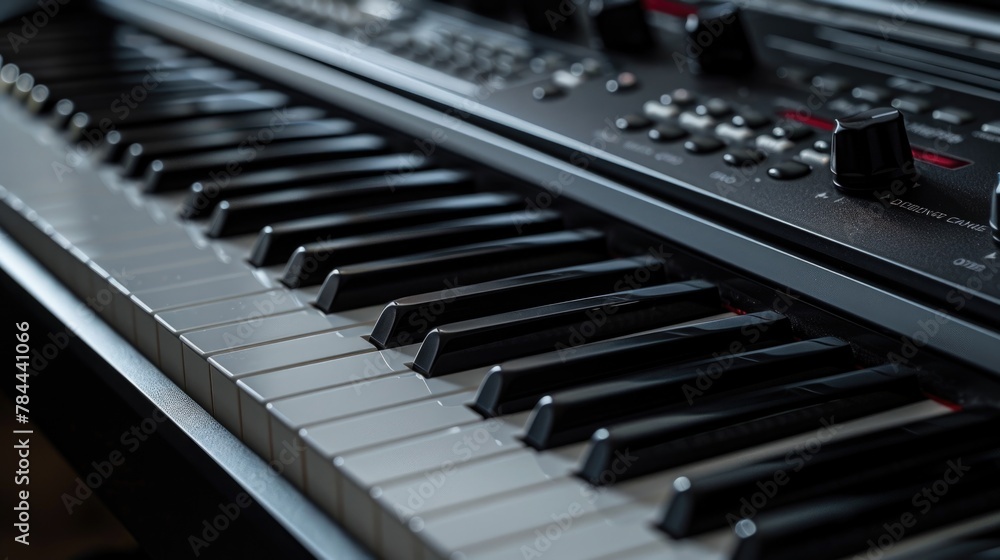 Poster Detailed view of a keyboard with numerous keys. Suitable for technology concepts