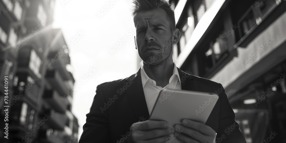 Aufkleber A man in a suit holding a tablet computer. Suitable for business and technology concepts