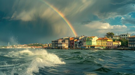 A rainbow shining over a city during a storm, suitable for weather or urban concepts - obrazy, fototapety, plakaty