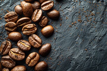 A selective focus shot highlights the texture and quality of coffee beans on a rough slate backdrop, inviting and intense