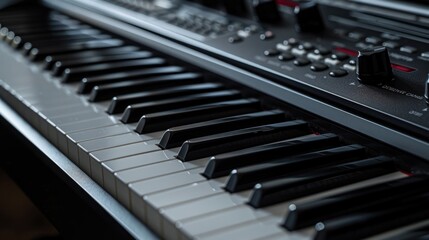 Detailed view of a keyboard with numerous keys. Suitable for technology concepts