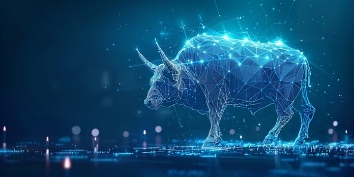 In a dark backdrop an abstract wireframe with a bull of share market with a big space for text or product backdrop, Generative AI.