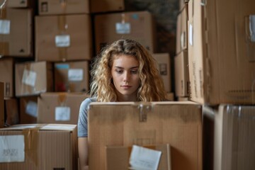 A woman is centralized amongst a myriad of labeled cardboard boxes, possibly reflecting a moving day