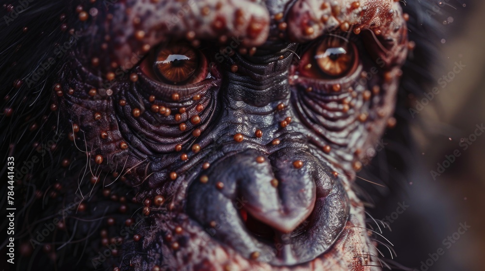 Poster close up of a monkey's face with red eyes. suitable for nature and wildlife themes
