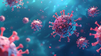 A real 3D modern illustration of a Coronavirus abstract background with floating Coronavirus and Sars pathogen cells. Covid 19 disease vaccinations, outbreaks, pandemics, medical health risks.