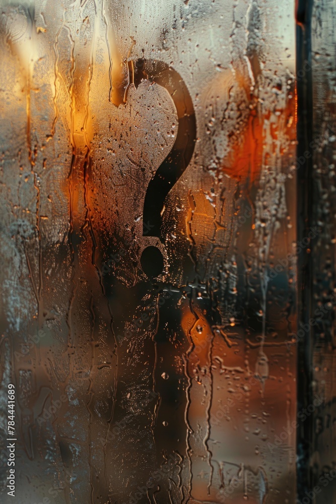 Poster Close up of a rain covered window with a question mark symbol