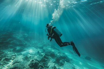 A solitary scuba diver is exploring the underwater seascape, immersed in the light-filled marine environment - obrazy, fototapety, plakaty