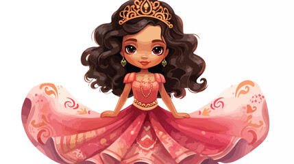 Latino Princess Watercolor Clipart 2d flat cartoon
