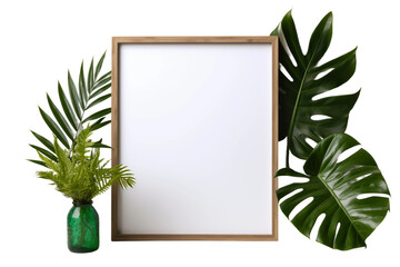 Emerald Vase and Lush Plant Beside a Blank Canvas. On White or PNG Transparent Background.