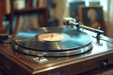 A vintage turntable plays a classic vinyl record, offering a nostalgic musical experience with warm analog sounds - obrazy, fototapety, plakaty