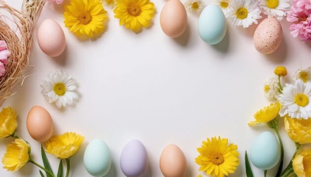 Top view photo of pastel colors easter holiday banner with eggs and sping flowers on white background