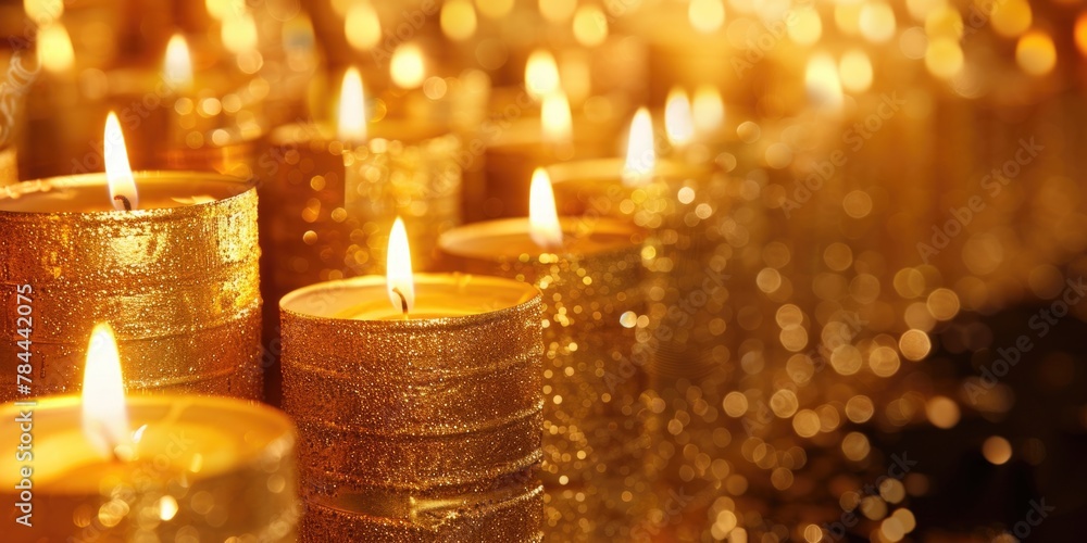 Poster a group of lit candles sitting next to each other. ideal for home decor or relaxation concepts