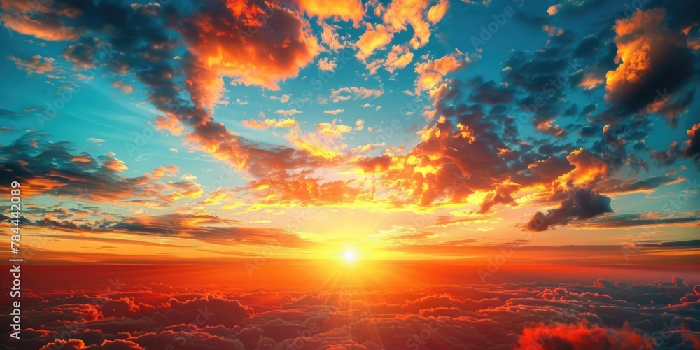 Poster a beautiful sunset scene with clouds in the sky. ideal for travel and nature concepts