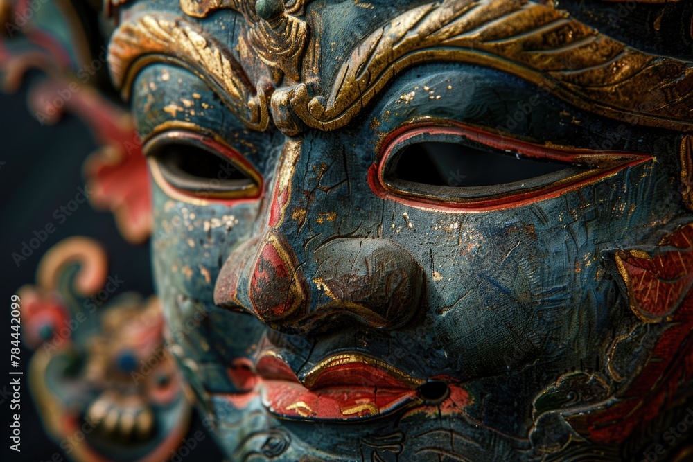Poster close-up of a mask resting on a table, ideal for concept or decoration use