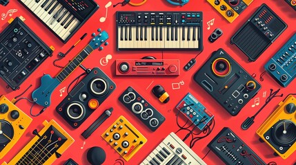 A collection of vibrant music-themed stickers, portrayed on a solid red background, capturing musical instruments and catchy symbols in high-definition clarity