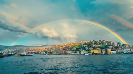 Naklejka na ściany i meble A beautiful rainbow over a cityscape, perfect for urban themes