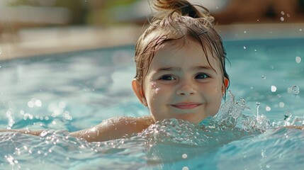 Fototapeta na wymiar Young girl enjoying water splashing in pool, perfect for summer-themed designs
