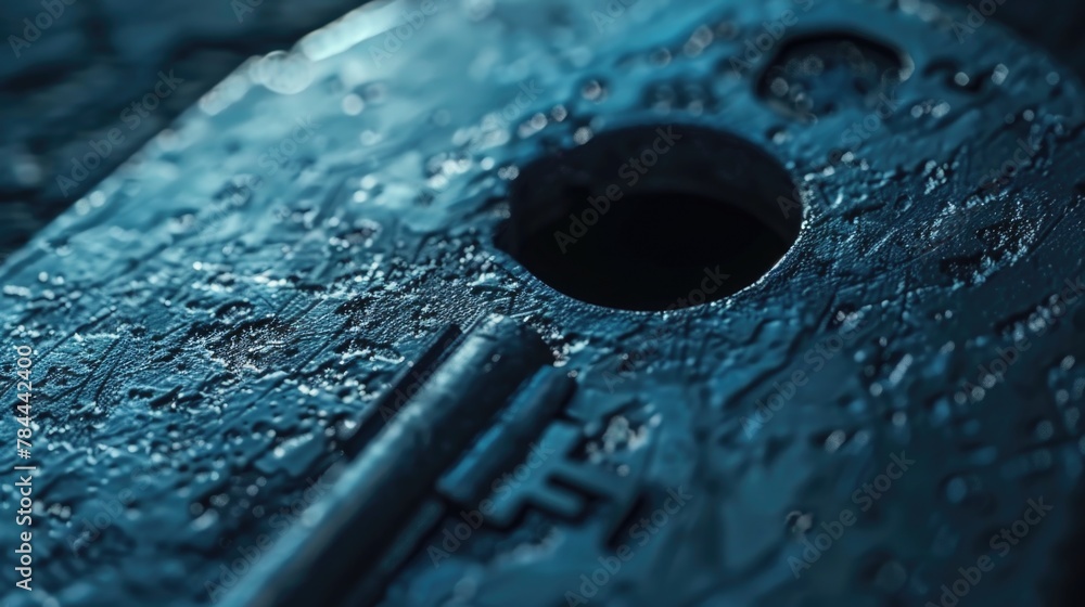 Poster detailed close-up of a metal object with water droplets, suitable for industrial and abstract concep
