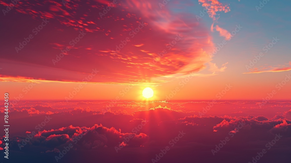 Poster sun setting over clouds, ideal for nature backgrounds