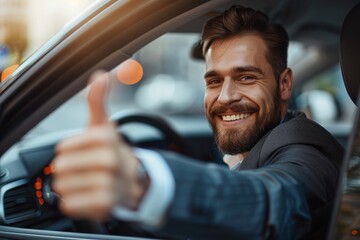 Professional well-dressed businessman in a high-end car gives a confident thumbs up, exhibiting success and approval - obrazy, fototapety, plakaty