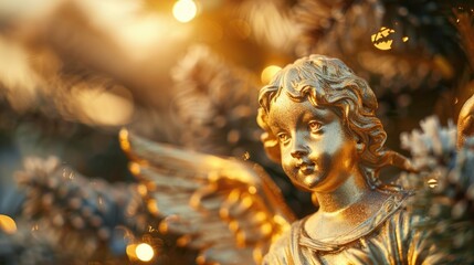 Fototapeta premium A serene angel statue standing in front of a beautifully decorated Christmas tree. Perfect for holiday-themed designs