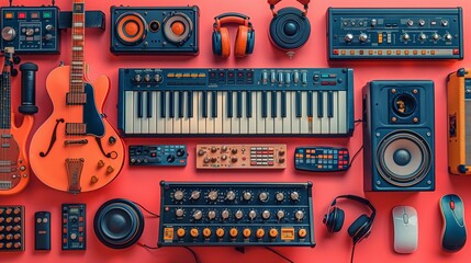 A collection of vibrant music-themed stickers, portrayed on a solid red background, capturing musical instruments and catchy symbols in high-definition clarity - obrazy, fototapety, plakaty