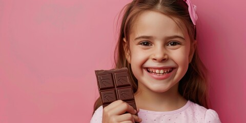 A young girl holding a piece of chocolate, perfect for sweet and childhood-themed designs