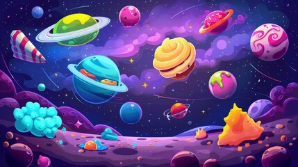 Fototapeta na wymiar An outer space mobile game with food planets. An arcade videogame for your smartphone. A modern landing page with cartoon galaxy and planets textured with pizza, meringue, fried eggs, and stars.