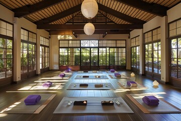 Many yoga mats are laid out in a room filled with multiple large windows, allowing for ample natural light
