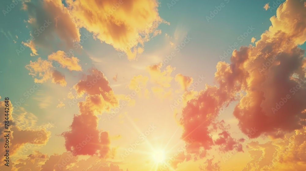 Poster sun shining brightly through clouds, suitable for weather-related designs