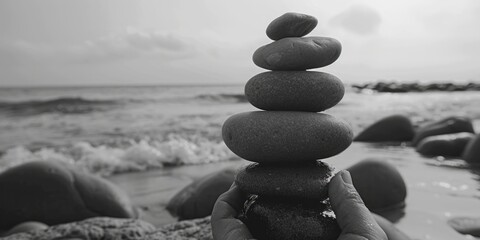 A person holding a stack of rocks on a beautiful beach. Suitable for travel and nature concepts - obrazy, fototapety, plakaty