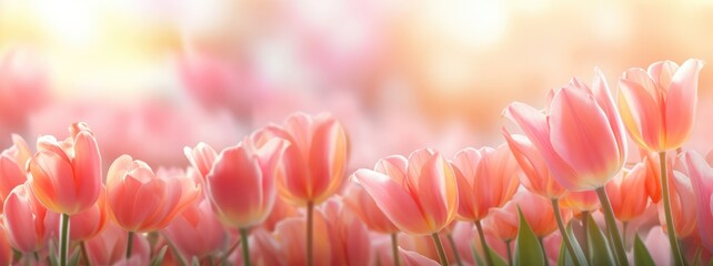 Group of pink tulips in the park agains clouds. Spring blurred background postcard - obrazy, fototapety, plakaty