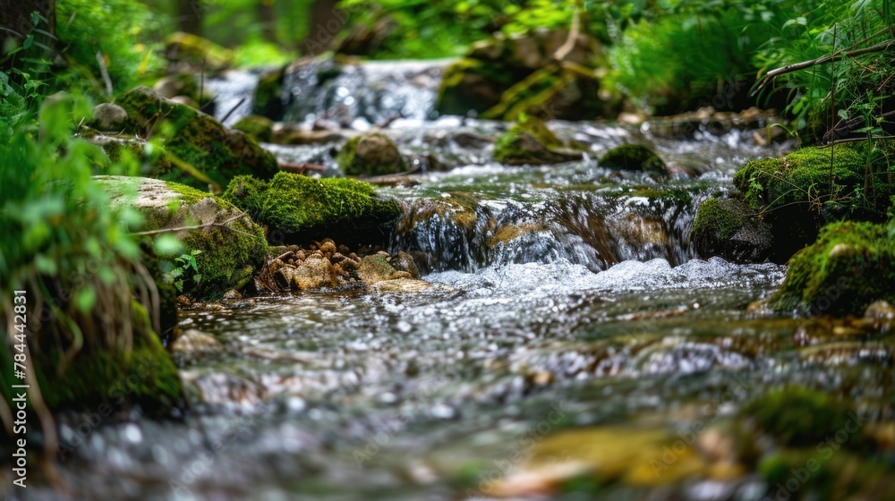 Poster a serene stream flowing through a vibrant forest. suitable for nature-themed projects