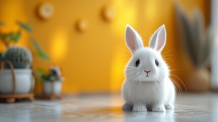 A cute cartoon sticker of a little bunny, affixed to a solid yellow background, radiating warmth and innocence