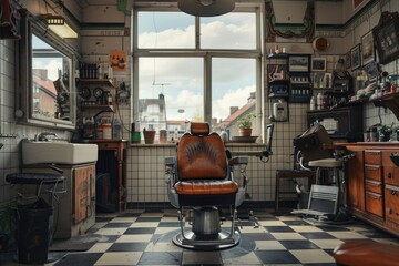 Barber chair positioned in front of a window, suitable for barber shop or salon advertisement