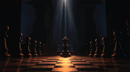 Light and shadow of chess king in the darkness. 3D - obrazy, fototapety, plakaty