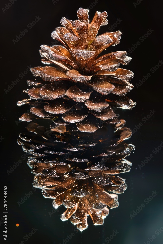 Poster close up of a pine cone on a reflective surface. suitable for nature and holiday themes