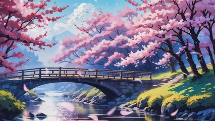 Beautiful bridge over the river in spring season. digital painting illustration with cartoon or anime style. seamless looping 4K video animation background.