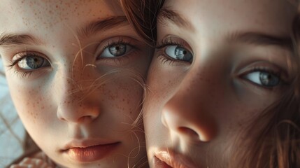 Close up photo of two girls with freckles. Suitable for beauty and diversity concepts