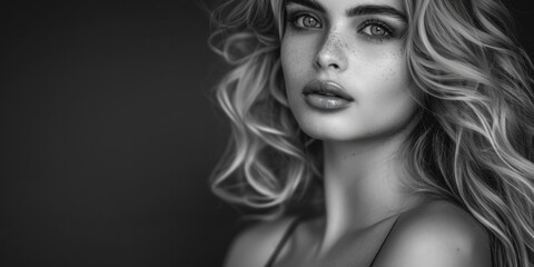 Fototapeta premium Black and white photo of a woman with freckles. Suitable for beauty and skincare concepts
