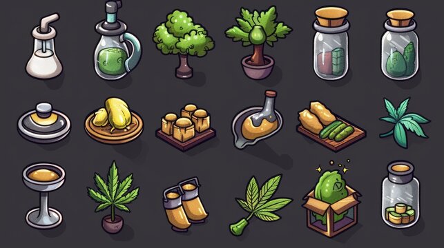 This set of icons depicts cannabis production and equipment