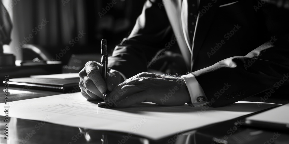 Poster a man in a suit writing on a piece of paper. suitable for business and office concepts