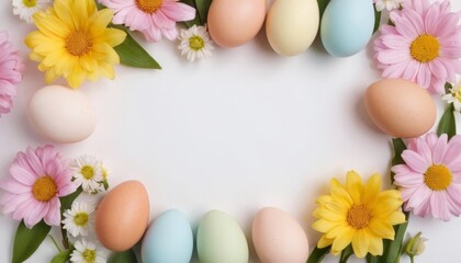 Naklejka na ściany i meble Top view photo of pastel colors easter holiday banner with eggs and sping flowers on white background