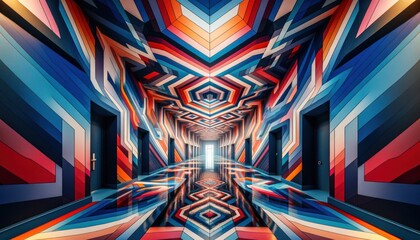 corridor with a vibrant geometric pattern. The walls and ceiling are adorned with dynamic shapes in a rich palette of blues