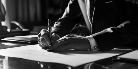 A man in a suit writing on a piece of paper. Suitable for business and office concepts