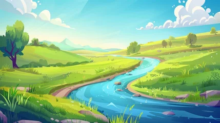 Fototapeten An illustration of green fields, a river, and a road in summer. A modern cartoon of countryside with meadows, grasslands, and rivers. © Mark